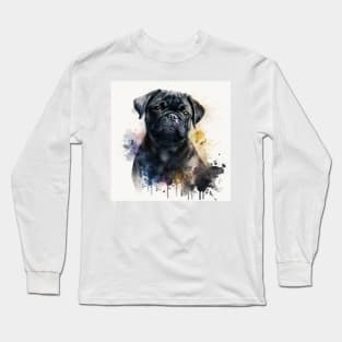 Black Pug Watercolour Style Painting Long Sleeve T-Shirt